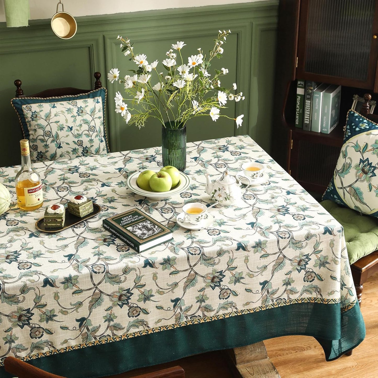patdrea Designer Green Linen Table Cloth for Rectangle Table,Vintage Floral Pattern Durable Tablecloth,French Cover Decor for Kitchen Dining,Christmas,Thanksgiving,Tea Party,63"x87"-Noah