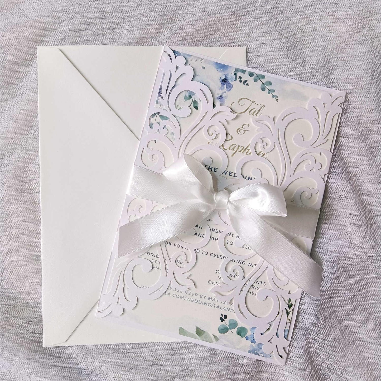25PCS Pearl White Laser Cut Wedding Invitations Cards with Envelopes,Blank Inner Sheets,Ribbons for Wedding Bridal Shower Quinceañera Engagement Birthday Invites (B001)