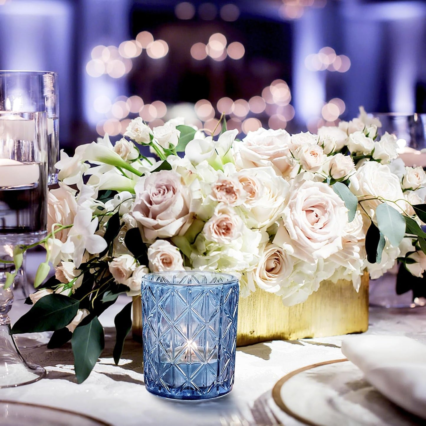 24pcs Blue Votive Candle Holders, Glass Votives Candle Holder in Bulk for Table Centerpieces, Tea Lights Candle Holder for Wedding Party Holiday Decor (Blue,24)