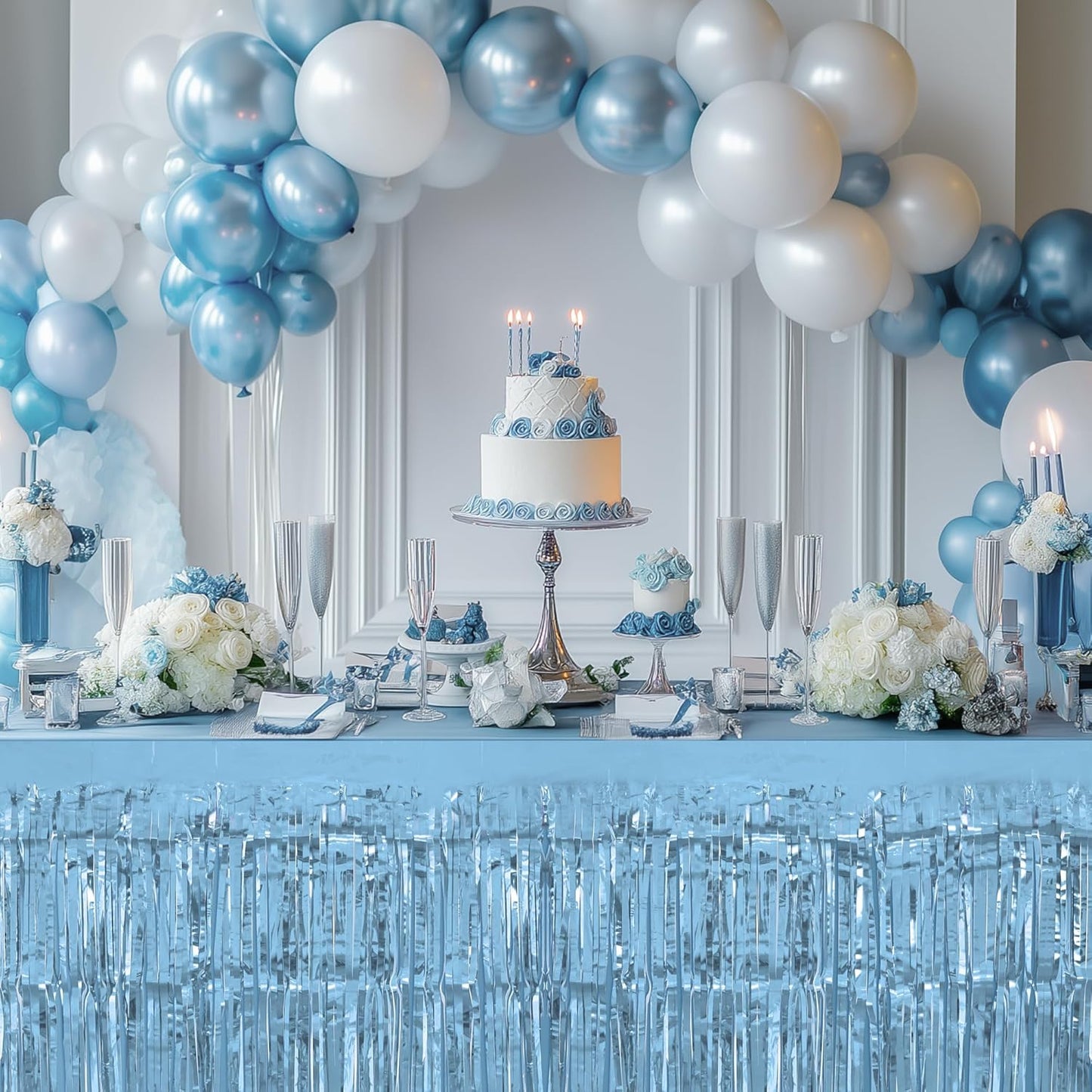 1 Pack Light Blue Table Skirts, 29x108" Metallic Foil Tinsel Fringe Table Skirts for Rectangle Tables Streamer Curtains Backdrop, Party Decorations for Birthdays Weddings Holidays