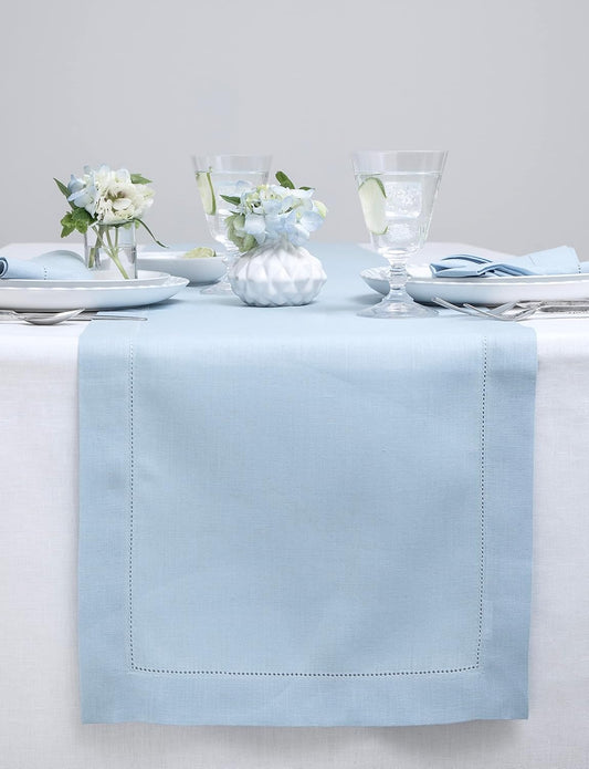 Solino Home Linen Hemstitch Table Runner 108 Inches Long - 100% Pure Linen Sky Blue Table Runner 14 x 108 Inch for Holiday - Classic Hemstitch