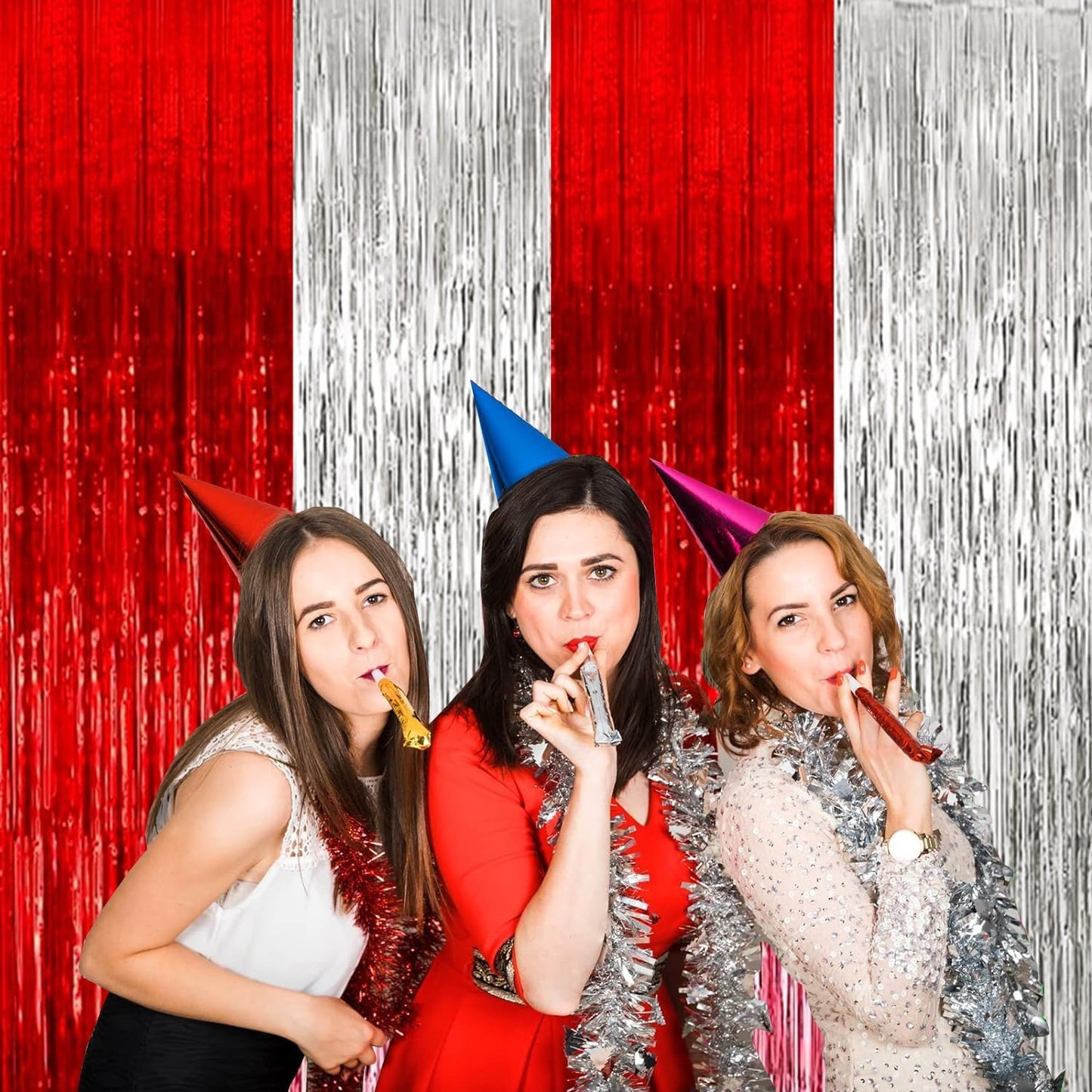 4P Metallic Foil Fringe Tinsel Table Skirts for Rectangle Tables Backdrop Banner Streamer Garland Curtains for Parade Floats Wedding Graduation Anniversary Birthday Parties Decoration(Red Silver)