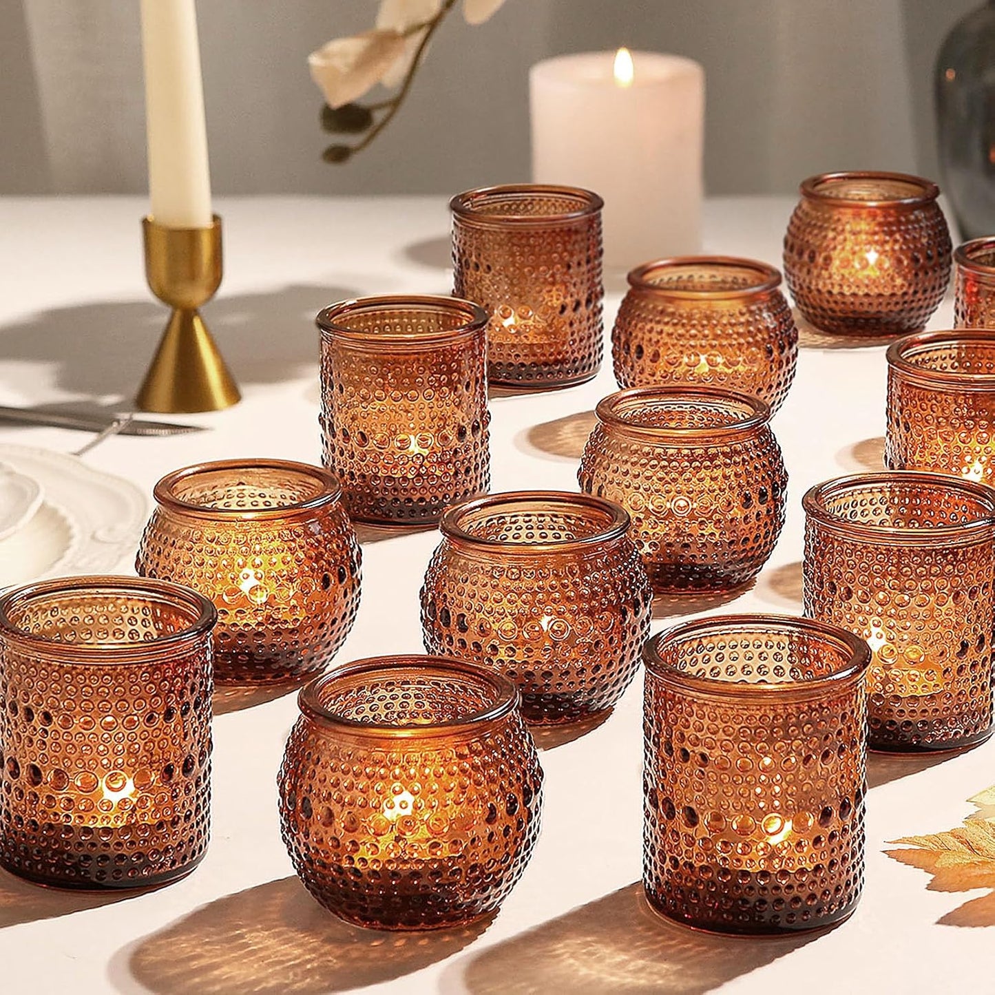 36pcs Amber Votive Candle Holders, Glass Small Tea Lights Candle Holders for Table Centerpiece for Home Decor Party Fall Boho Decor (Amber)