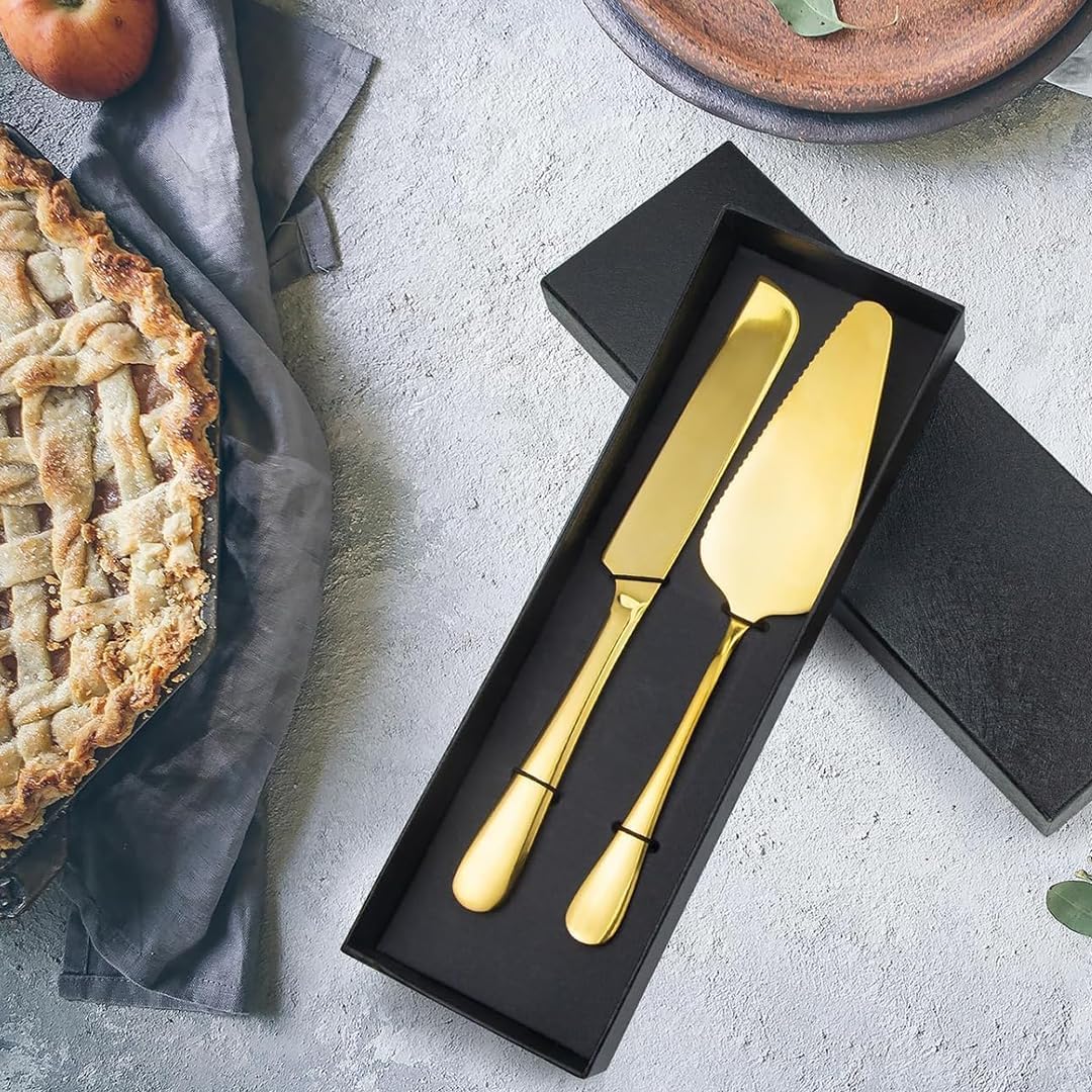 Elegant Gold Cake Cutting Set - 2 Piece Stainless Steel Knife and Server for Weddings, Birthdays, Anniversaries, and Celebrations - Gift for Bridal Showers and Cake Table Decorations