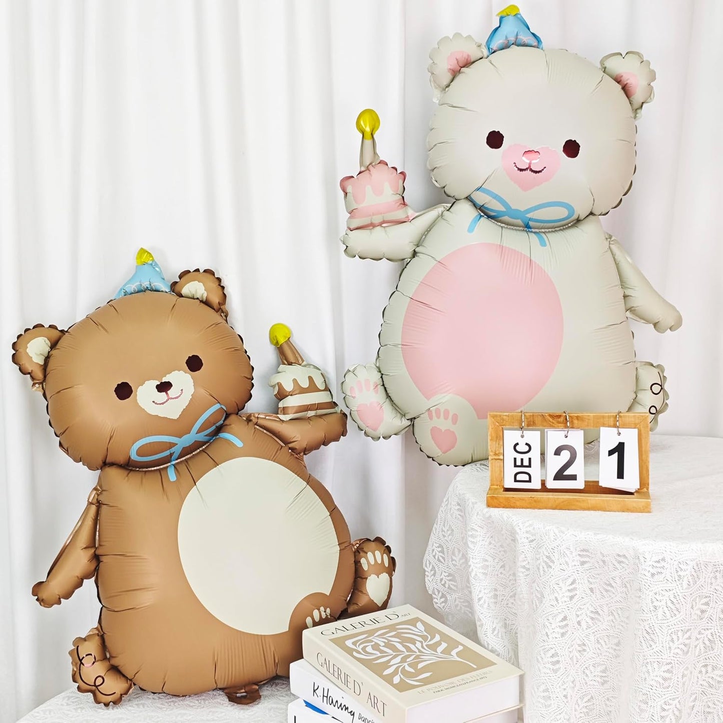 2PCS Matte Bear Animal Balloon With Hat Big Brown Bear Holding Birthday Candle Cake Bear Foil Balloon For Kids Jungle Safari Zoo Farm Birthday Theme Party Baby Shower Decoration