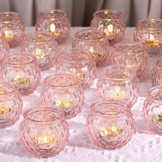 DARJEN 48Pcs Pink Votive Candle Holders- Round Candle Holders Bulk for Flameless LED Tea Waxes, Romantic Candle Holder for Wedding & Home Table Decor, Various Parties
