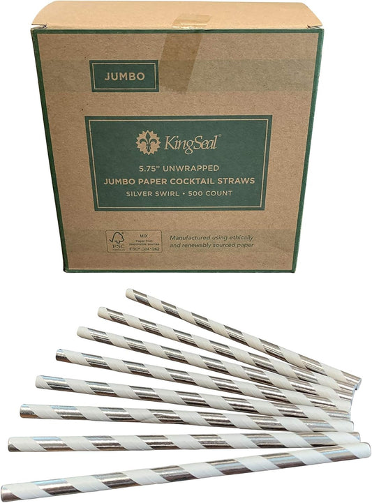 500 Count | Kingseal FSC Certified Paper Cocktail Straws, Unwrapped, 6mm x 5.75 Inches, Silver Stripe, Biodegradable, Earth Friendly, Bulk Pack - 1 Box of 500 Straws