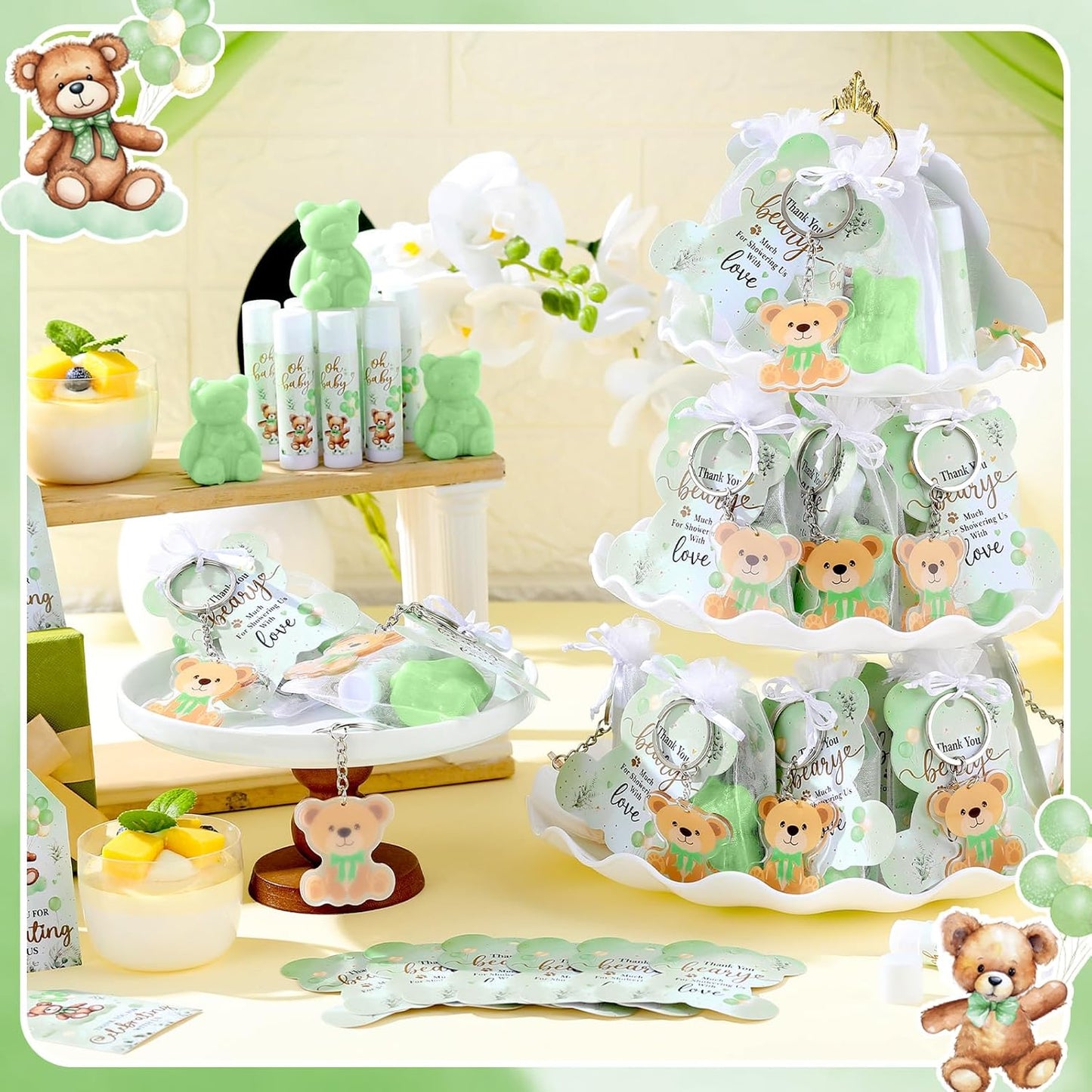 288 Baby Shower Favors Baby Shower Gifts Bulk Lip Balms Soaps Keychains Organza Bags Guest Appreciation Gift with Thank You Tags and Cards for Boys Girls Guest Gift(Green,Bear)