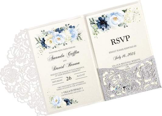 DORIS HOME 50pcs Laser Cut Wedding Invitations with Envelopes and RSVP Cards Silver Glitter, 4.7x7.1 Personalized Invitation Cards for Wedding, Anniversary Invitations with Envelopes