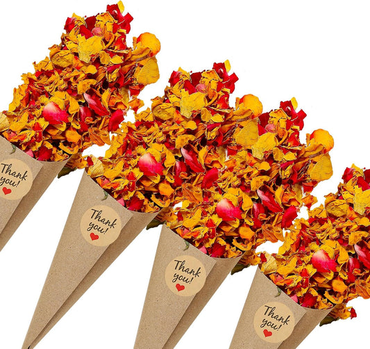 PATIKIL Dried Flower Confetti Cones, 30Pcs Paper Tapers Cone Holder with Dried Rose Petal / Sticker for Wedding Party Engagement Birthday DIY Decoration, Red/Yellow