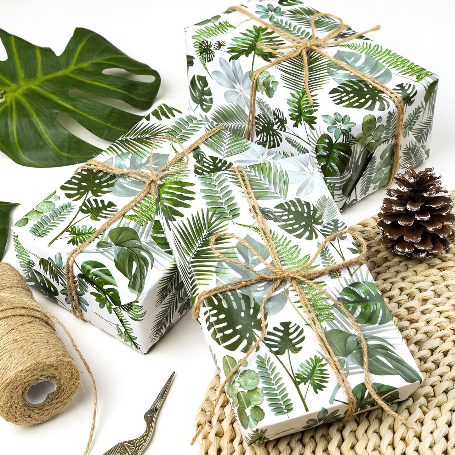 WRAPAHOLIC Reversible Tropical Wrapping Paper - Mini Roll - 17 Inch X 33 Feet - Green Monstera Leaf Hawaii Wrapping Paper for Birthday, Wedding, Bridal Shower, Baby Shower