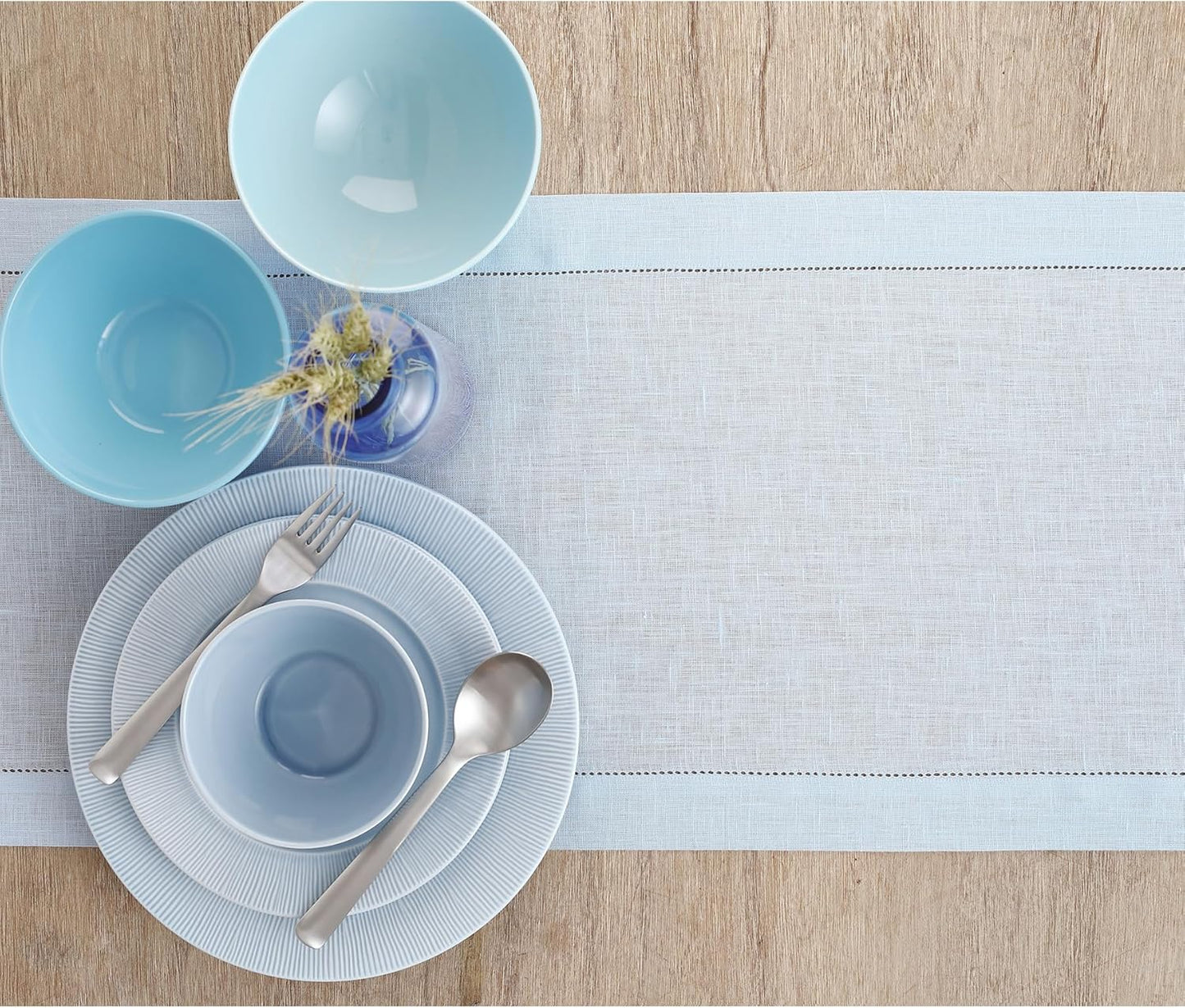 Solino Home Linen Light Blue Table Runner 132 Inches Long - 100% Pure Linen Extra Long Table Runner 14 x 132 Inch - Classic Hemstitch