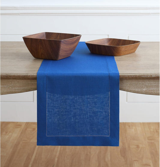 Solino Home Linen Royal Blue Table Runner 108 Inches Long - 100% Pure Linen 14 x 108 Inch Table Runner for Holiday - Classic Hemstitch