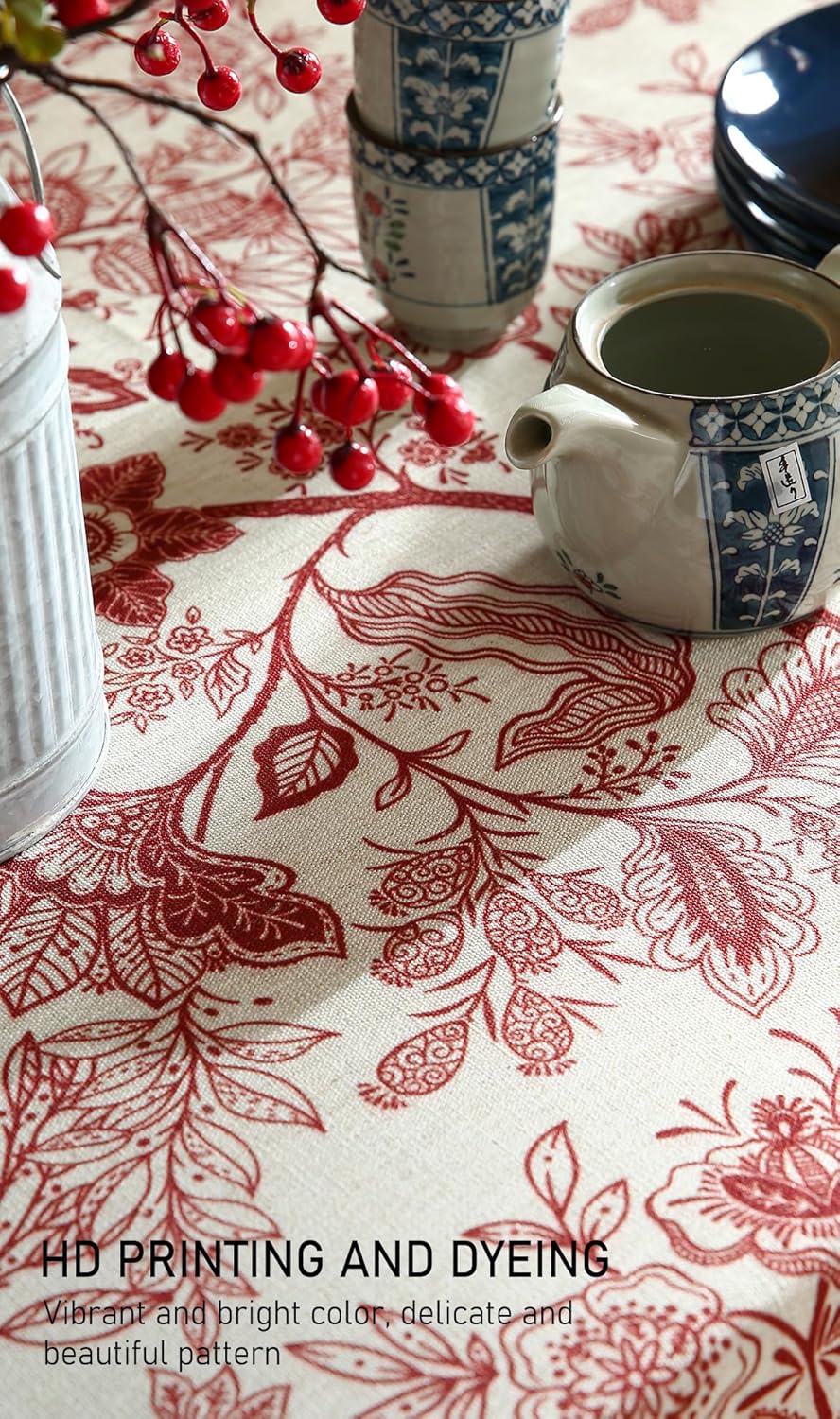ISAENNE Designer French Linen Small Round Tablecloth,Red Floral Washable Indoor Table Cloth,Durable Home Decor Tablecloths for Dining Thanksgiving Kitchen Party Christmas,Diameter 55"-Ruyi A