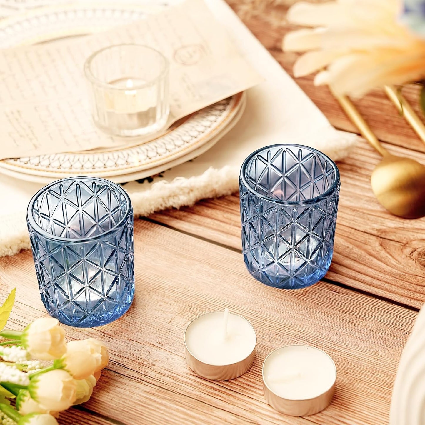 48pcs Blue Votive Tealight Candle Holders, Glass Tea Light Candle Holders for Table Centerpieces, Candle Holder for Wedding Decor, Gift, Home Decoration（Blue,48）