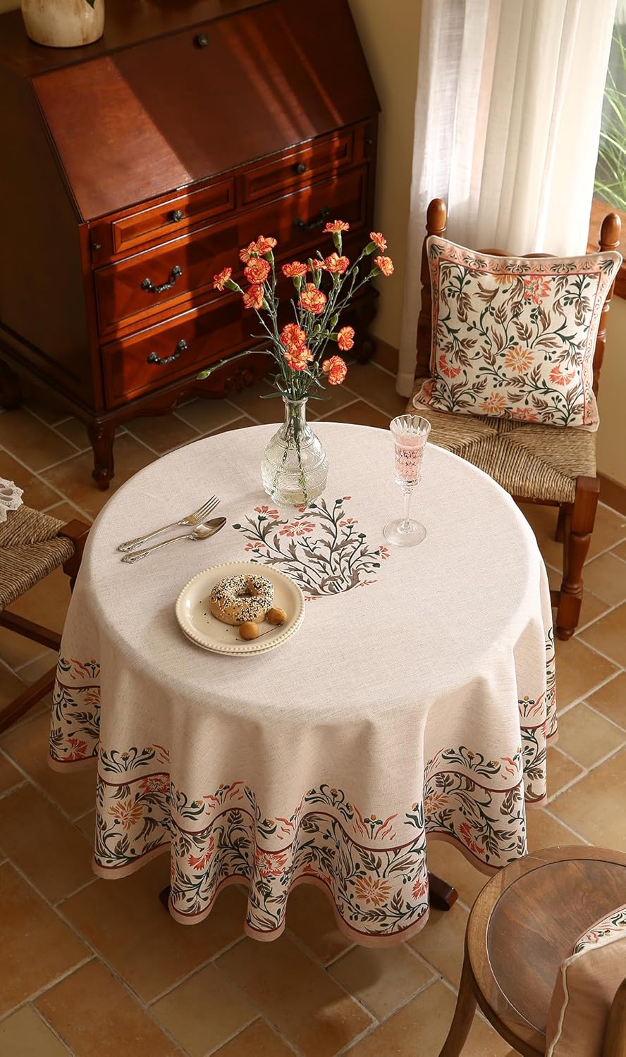 ISAENNE Floral Tablecloth for Round Tables,Linen Table Cloth with Double-Edged Lily Pattern,Heavy Durable Table Cover for Dining Thanksgiving Kitchen Decor Party Christmas,Diameter 55"