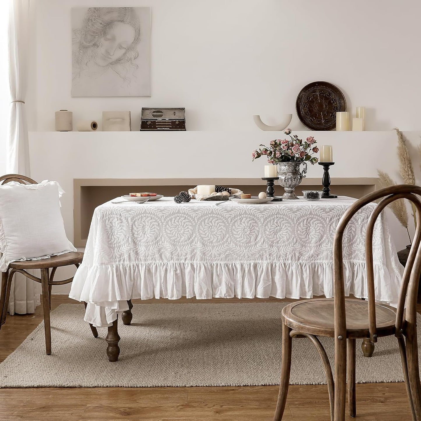 patdrea Vintage Ruffle Tablecloth for Square Tables,Farmhouse Embroidered Cotton White Lace Table Cloth Cover Decor for Dining Room Wedding Banquet Thanksgiving Christmas,59"*59"