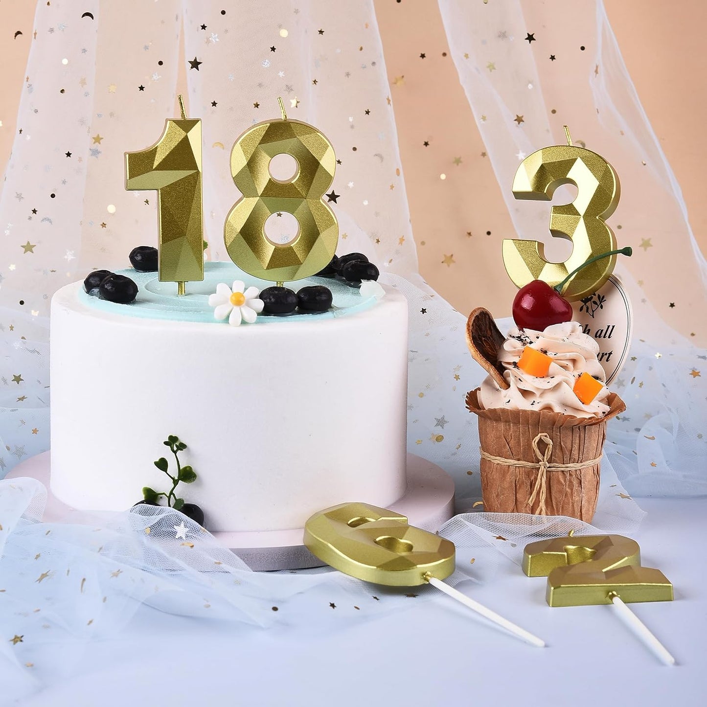 PHD CAKE 2.76 Inch Crystal Gold 8 Number Birthday Candles, Gold Number Candles, Cake Number Candles, Party Celebration