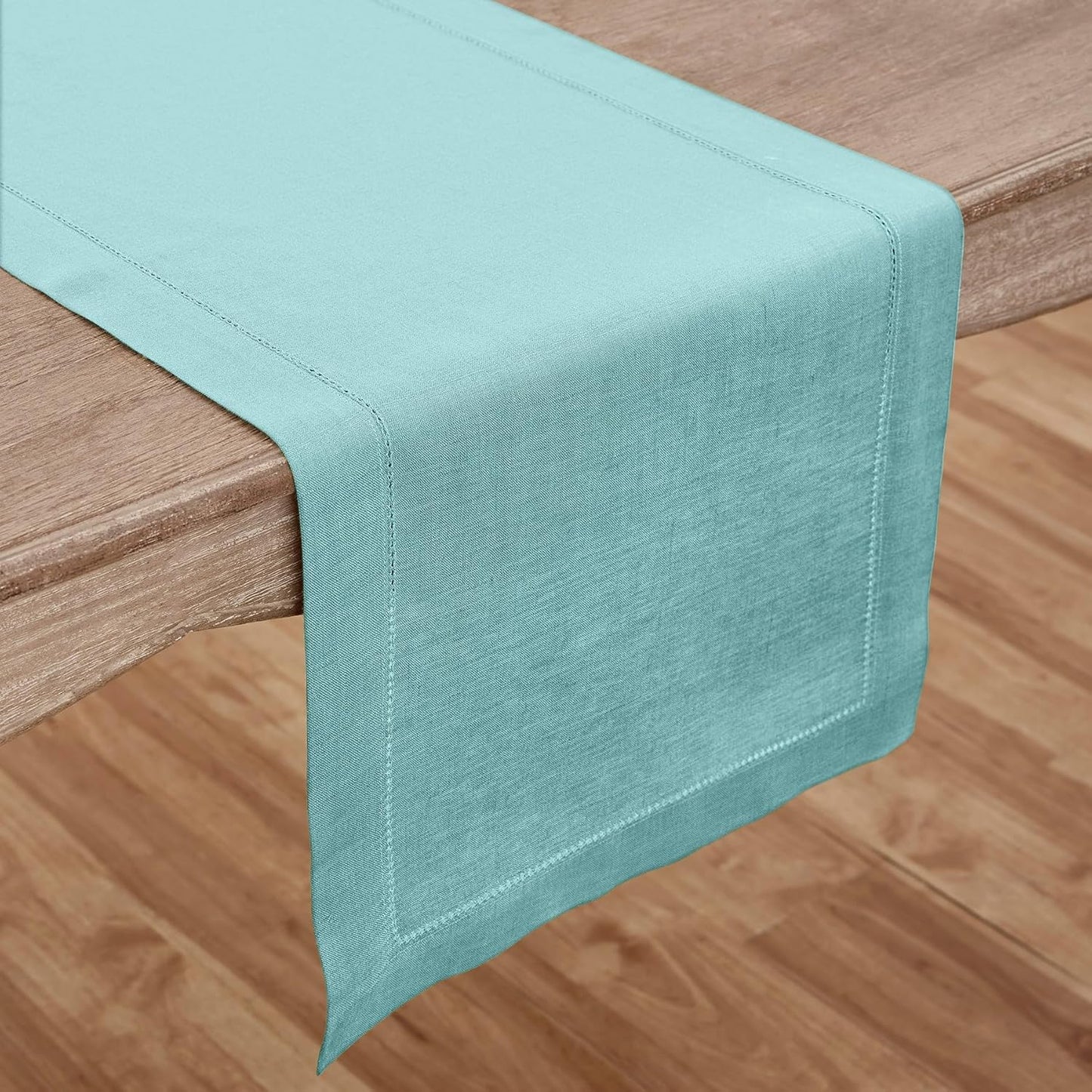 Solino Home Linen Aqua Blue Table Runner 60 Inches - Classic Hemstitch, 100% Pure Linen Coffee Table Runner 14 x 60 Inch Ideal for Dresser Tables