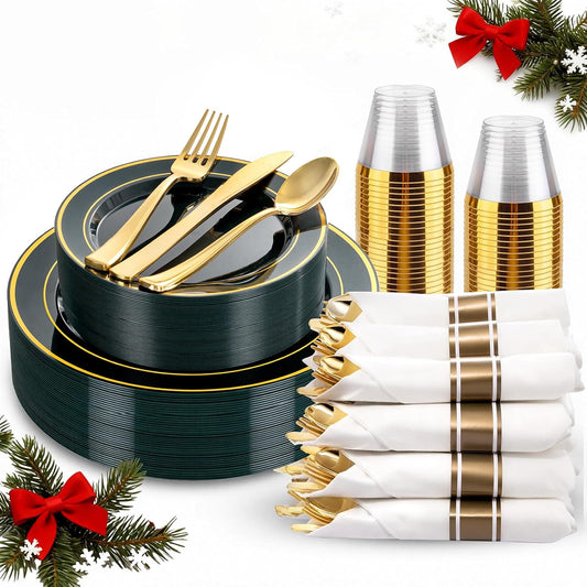175PCS Green Plastic Plates - Green and Gold Disposable Plates 25Guests Plastic Christmas Plates with Rolled Napkins for Birthday/Christmas