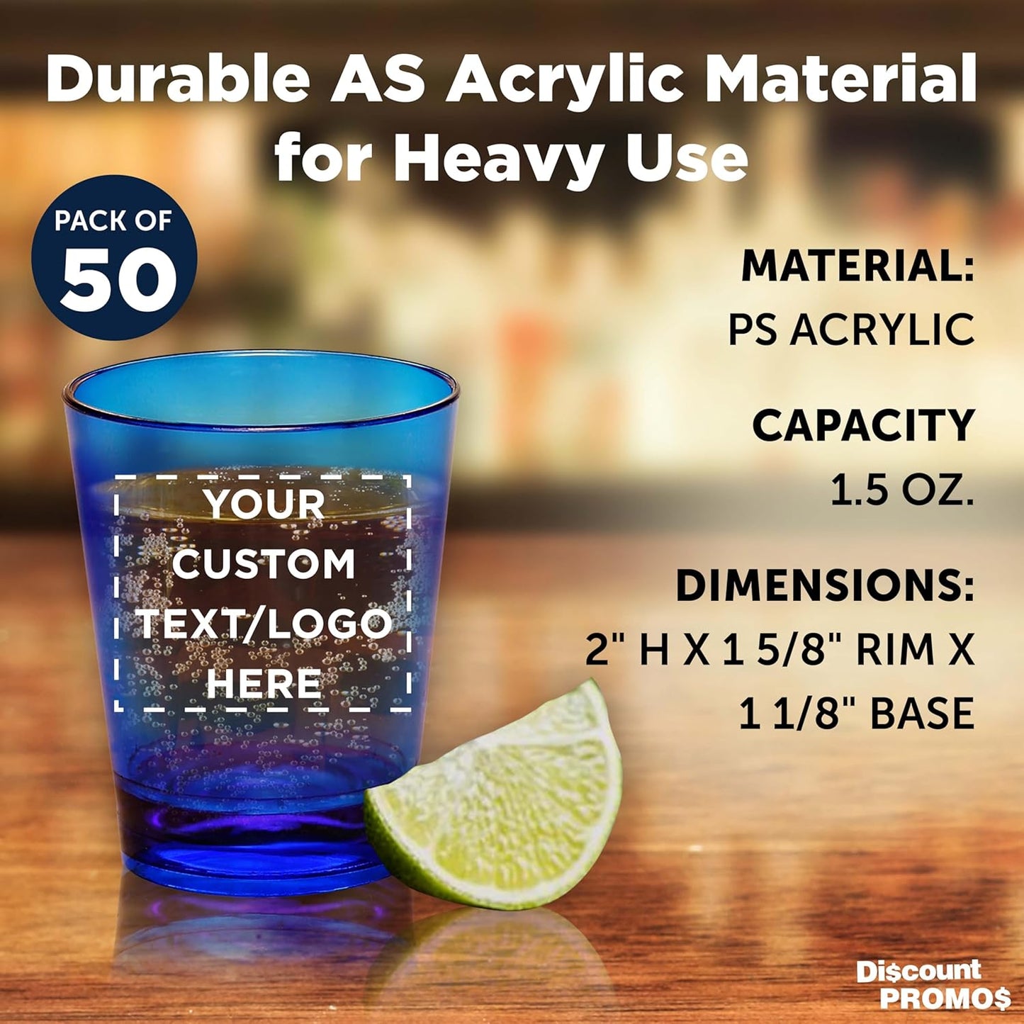 Custom Translucent Plastic Shot Glasses 1.5 oz. Set of 50, Personalized Bulk Pack - Acrylic, Great for Wedding, Party, Birthday, Gifts - Blue