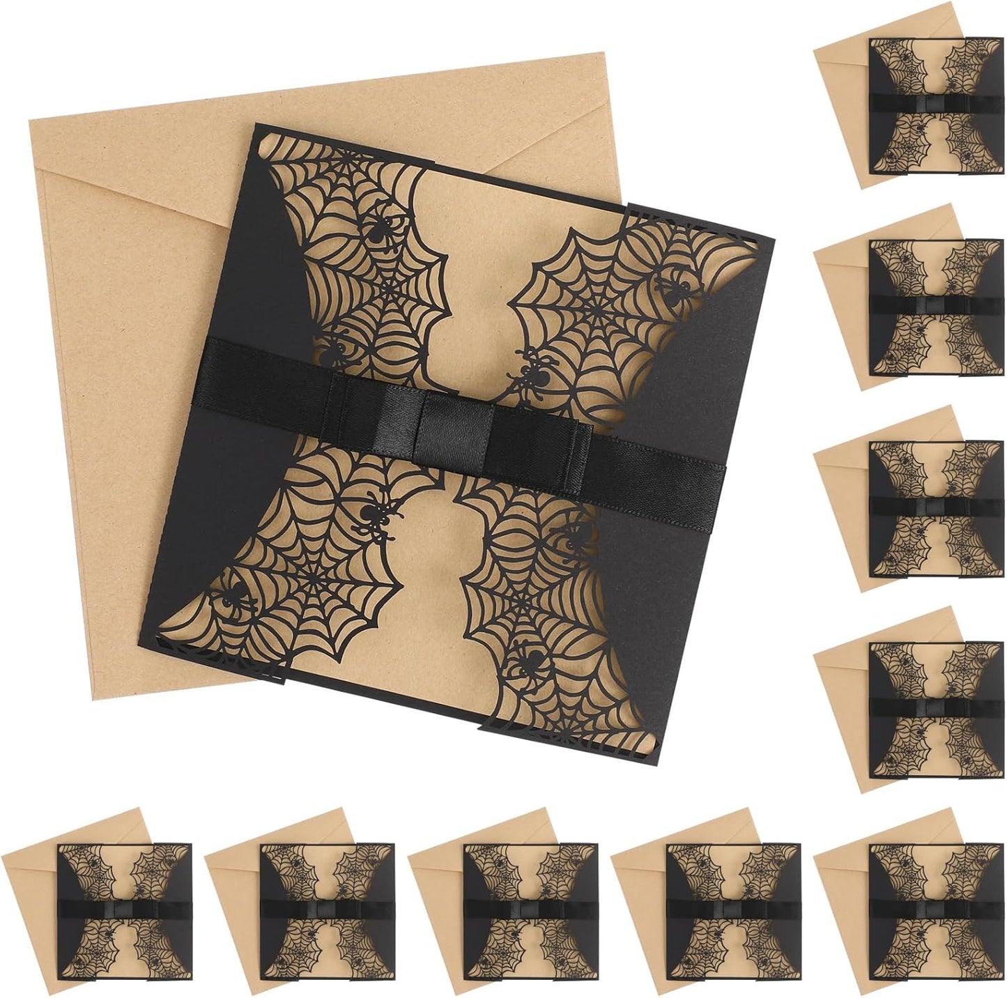 Halloween Party Invitations Cards, 10 Pcs Laser Cut Spider Web Design with Bowknots and Envelopes, Black and White