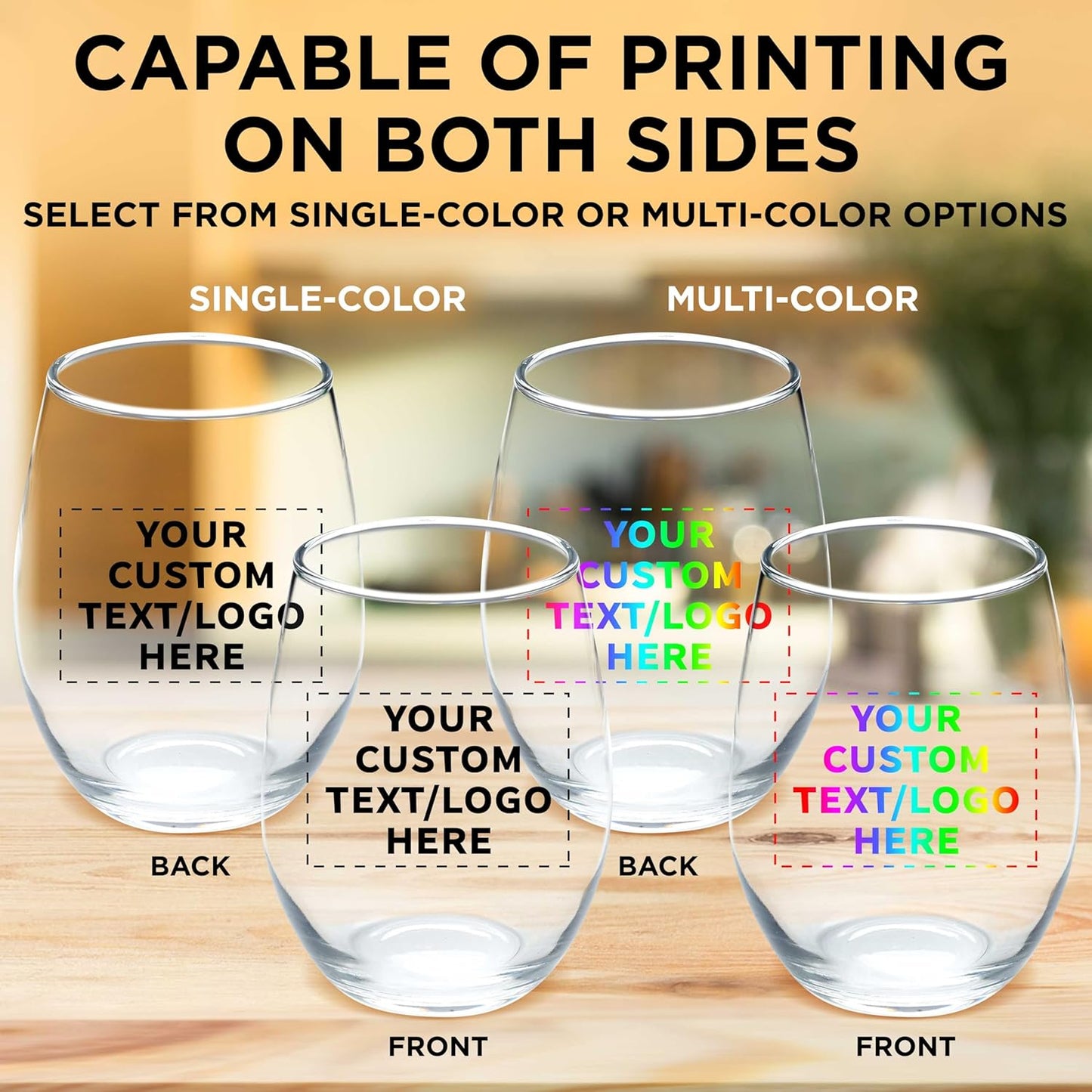 Custom Stemless Wine Glass 9 oz. Set of 100, Personalized Bulk Pack - Great for Wedding Favors, Bachelorette Party Decorations, Party Favors, Color Bottom - Clear