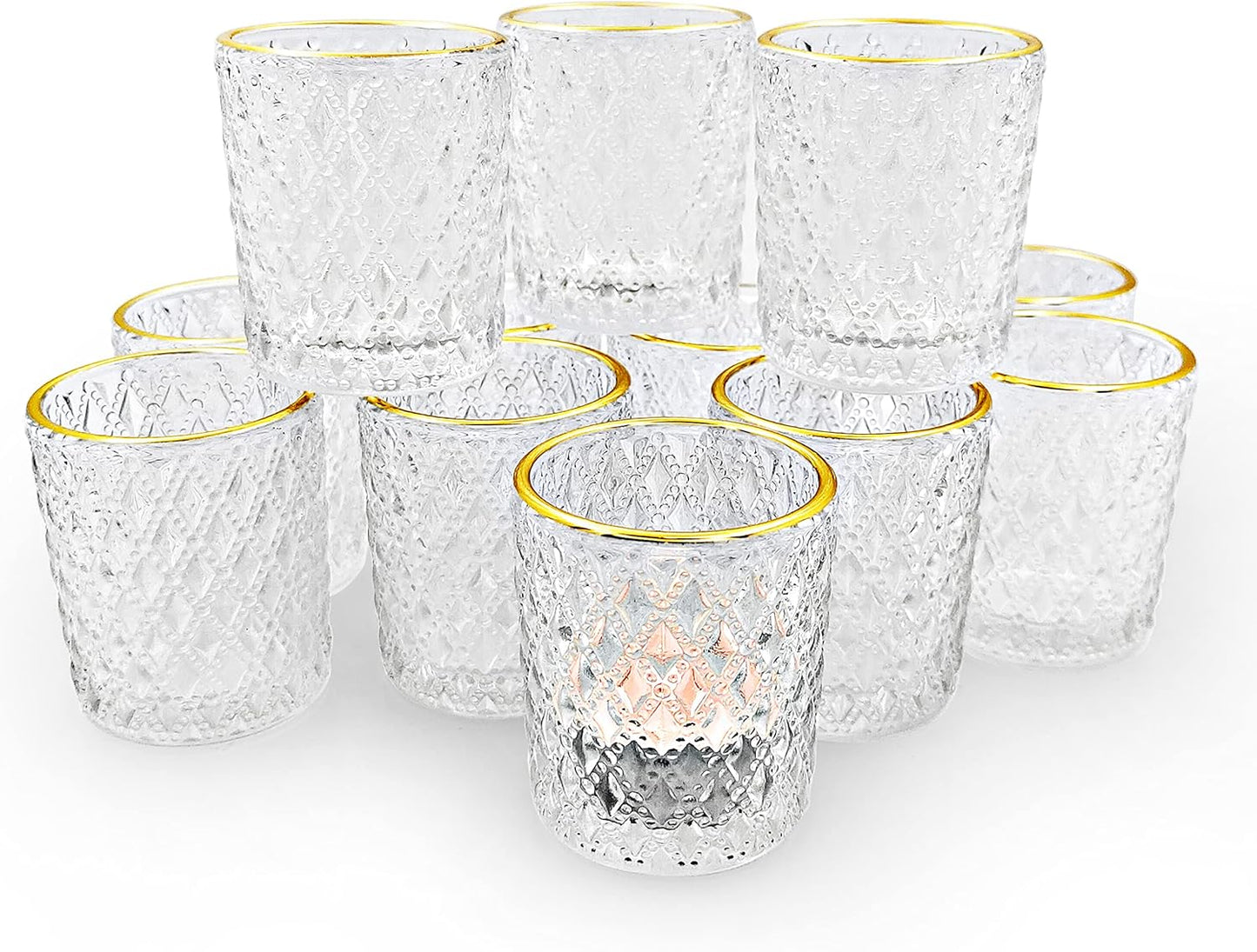 SHMILMH Clear Votive Candle Holders, Glass Tealight Candle Holders Bulk with Rim for Wedding Table Centerpiece Birthday Party Thanksgiving Decor, Set of 12