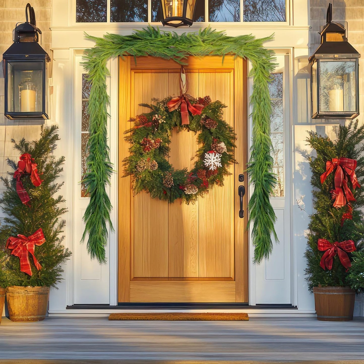 1 Pcs Artificial Norfolk Pine Garlands Christmas, 9 FT Dense Real Touch Winter Pine Garland Ornament, Green Artificial Greenery Garland for Table, Mantle, Wall, Indoor, Outdoor Christmas Decorations