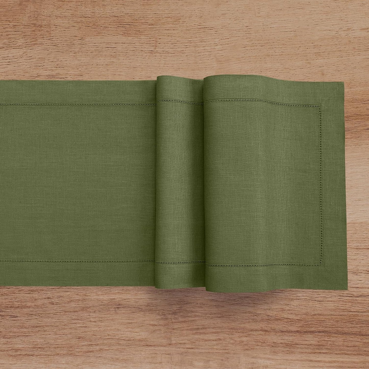 Solino Home Linen Table Runner 48 Inches - 100% Pure Linen Olive Hemstitch Table Runner 14 x 48 Inch Ideal for Dresser and Coffee Tables - Classic Hemstitch - Thanksgiving