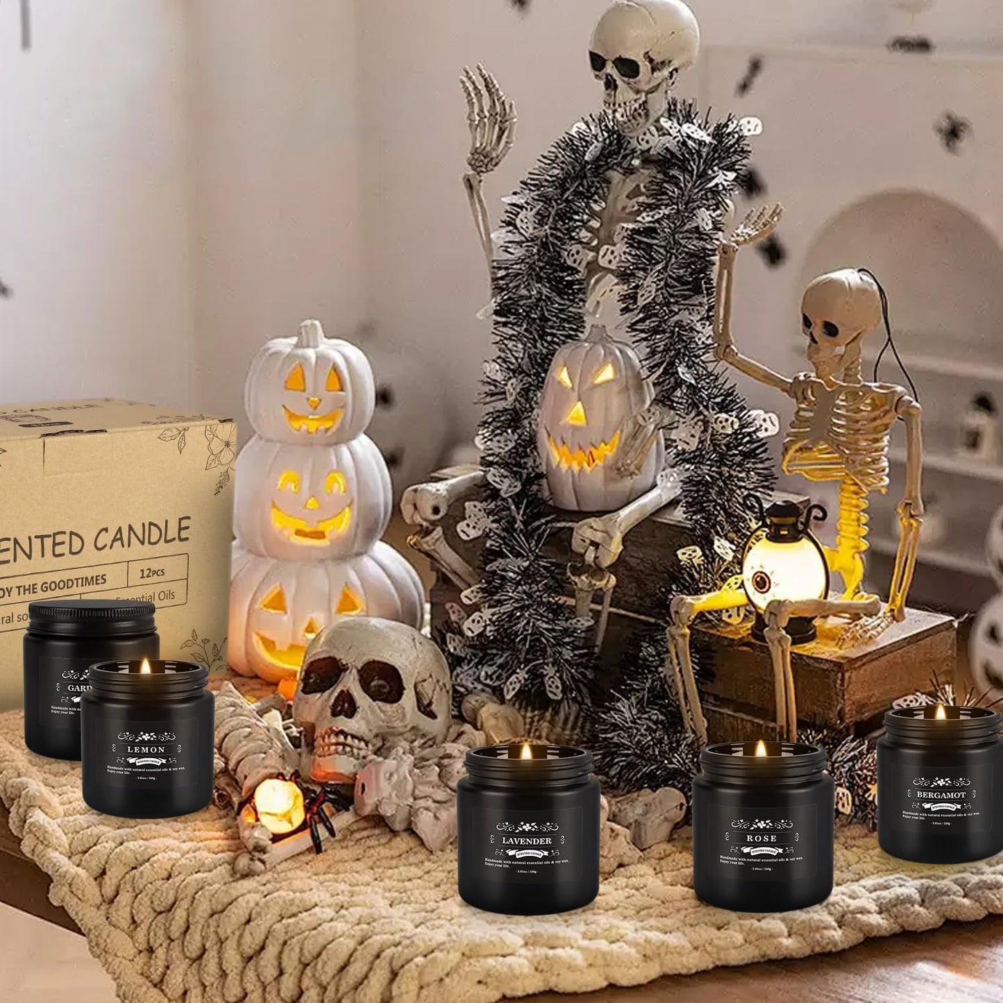 12 Pcs Halloween Scented Candles with Added Natural Essential Oils, 3.05oz, Suitable for Various Festivals, Parties, Yoga, and Home Scene(Black)