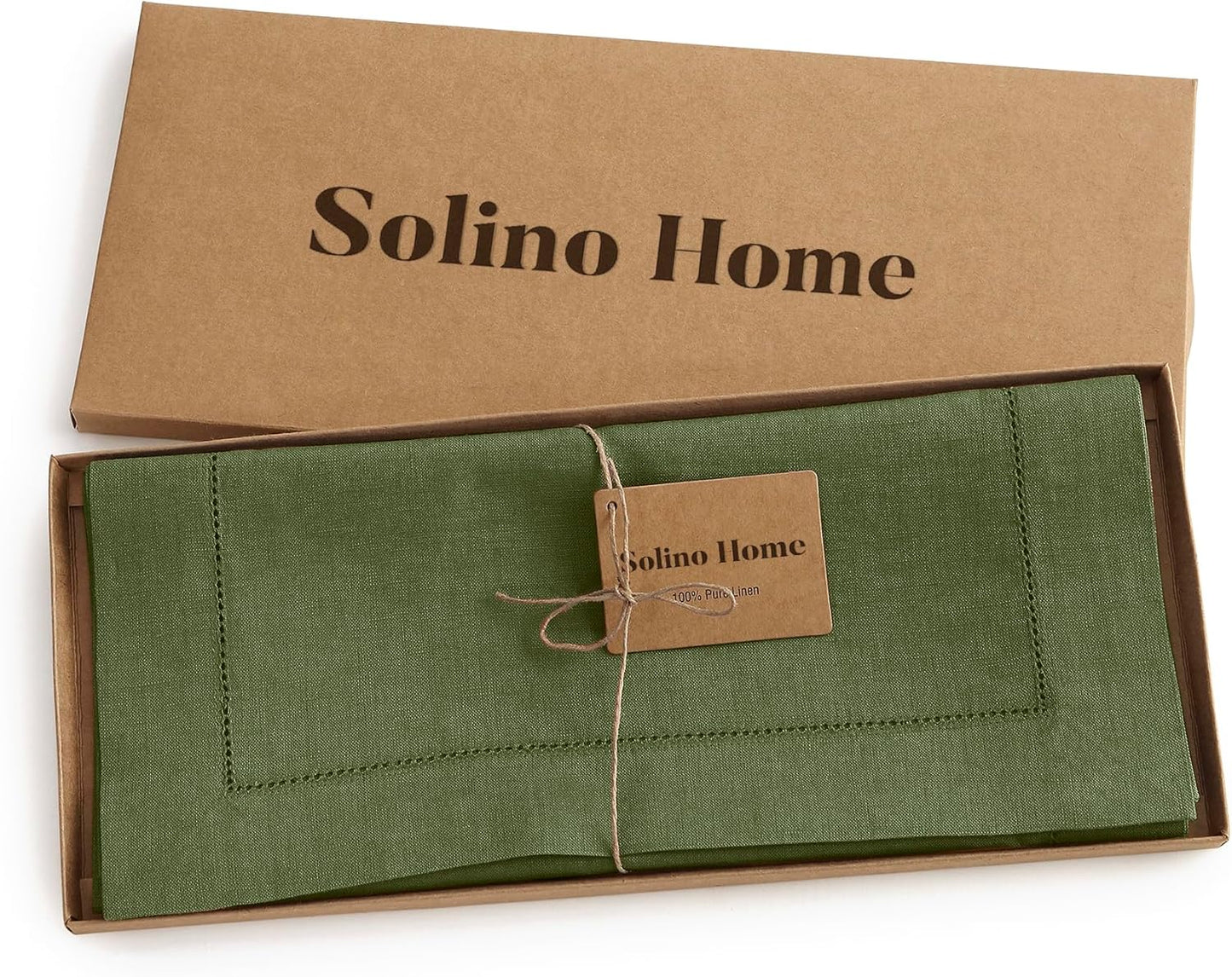 Solino Home Linen Olive Table Runner 144 Inches Long - 100% Pure Linen Extra Long Table Runner 14 x 144 Inch for Fall, Autumn, Thanksgiving - Classic Hemstitch