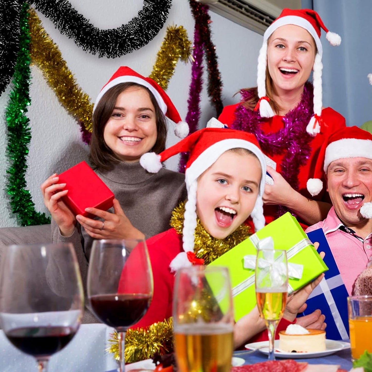 50 Feet Christmas Foil Fringe Banner Metallic Tassle Garland Metallic Backdrop Parade Floats Shiny Hanging Ceiling, Valentine's, Wedding, New Year Party Decorations(2" x 50', Black)