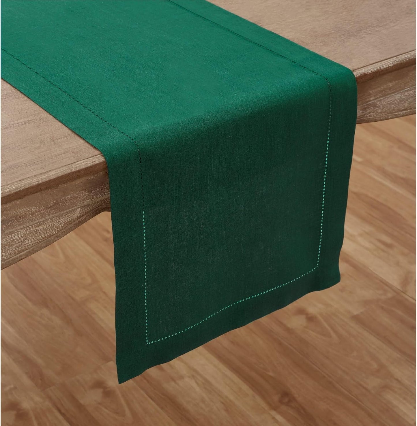 Solino Home Linen Rainforest Green Table Runner 72 Inches Long - 100% Pure Linen Hemstitch Table Runner 14 x 72 Inch for Dresser, Dining, Fall, Autumn, Thanksgiving, Christmas - Classic Hemstitch