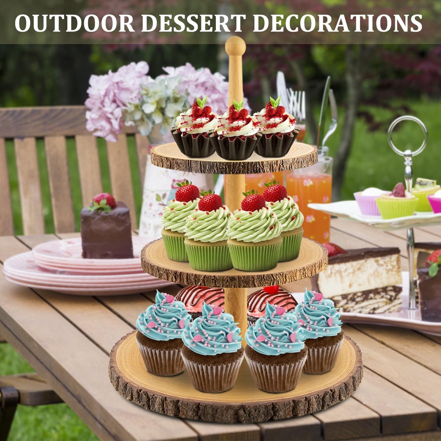Cupcake Stand Wood Dessert Stands 3-Tier Wood Cupcake Stand - Elegant Farmhouse Dessert Display for Weddings, Baby Showers, Tea Parties, & More./Wedding Décor/Tea Party/Birthday/Graduation/Holiday.