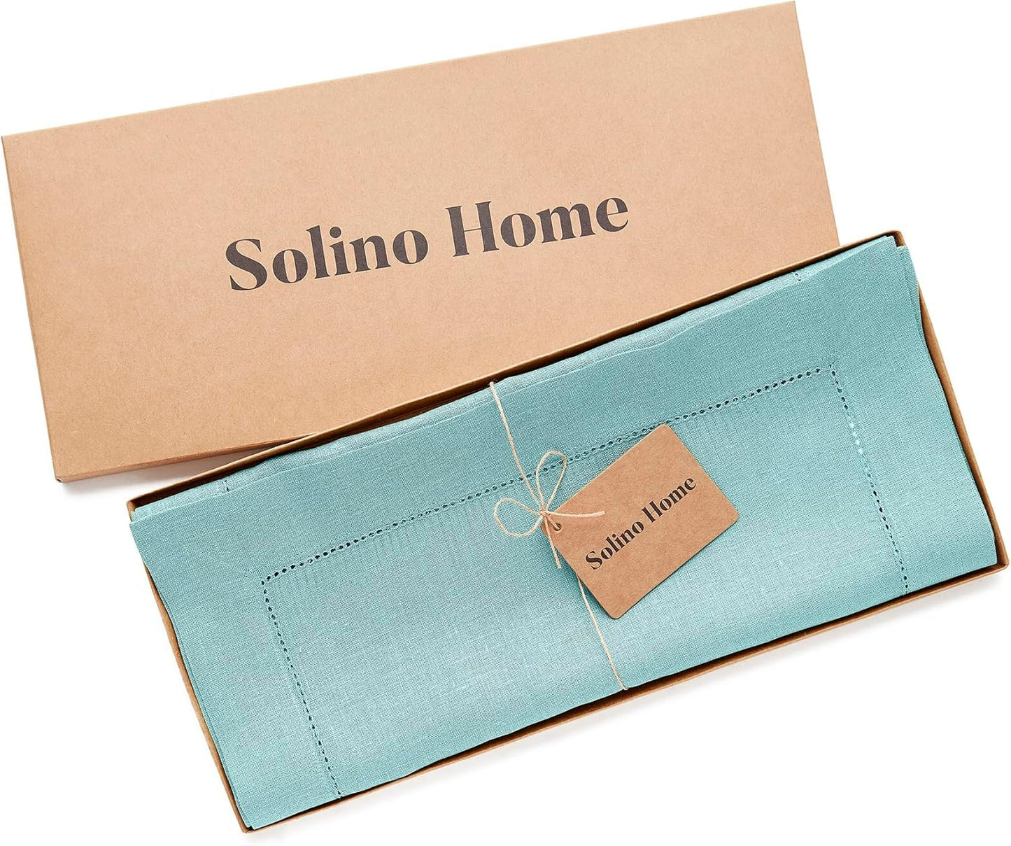 Solino Home Linen Aqua Blue Table Runner 132 Inches Long - 100% Pure Linen Extra Long Table Runner 14 x 132 Inch for Christmas, Holiday - Classic Hemstitch
