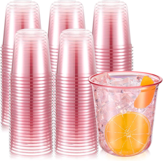 100 Pcs Disposable Stemless Glasses 12oz Crystal Plastic Wine Glasses Clear Classic Pet Cup for Meeting Weddings Birthdays Cocktail Christmas Party Supplies (Pink)