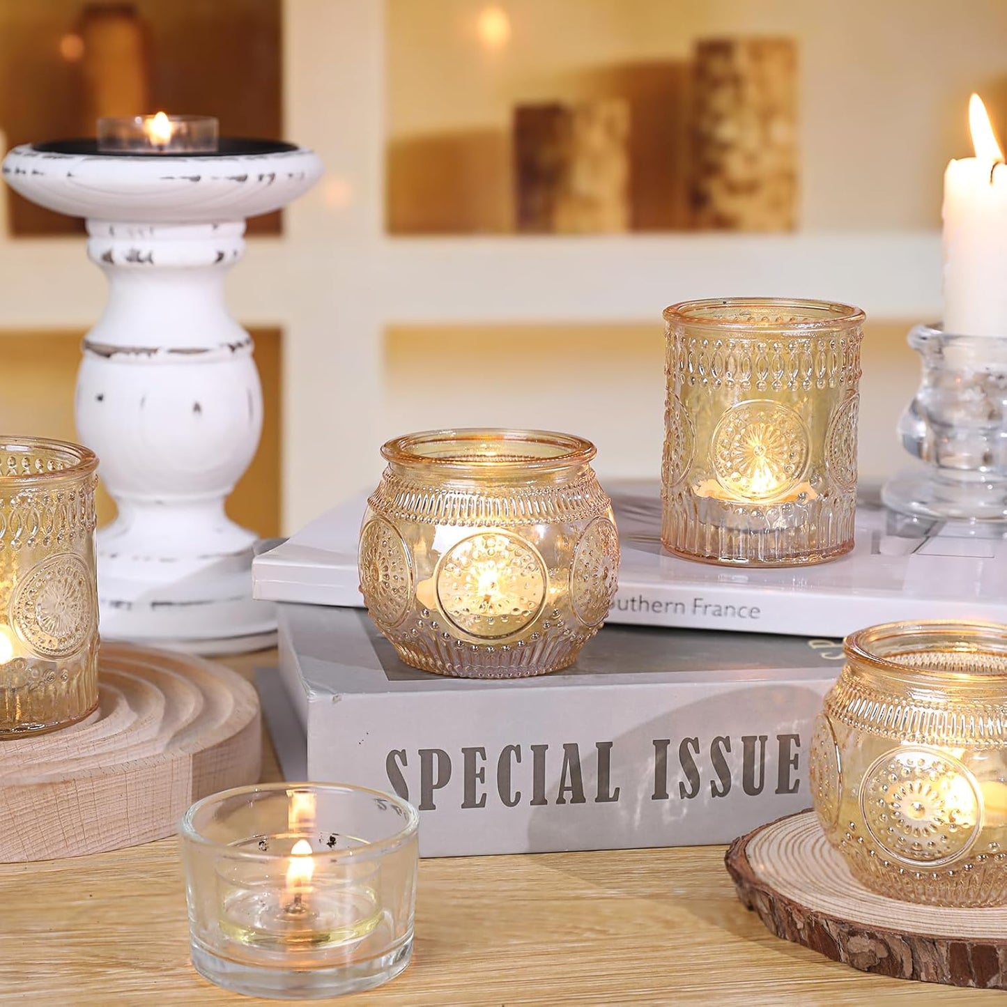 DARJEN 12Pcs Gold Votive Candle Holders - Glass Candle Holder for Table Centerpiece, Tea Lights Candle Holders for Home, Party & Wedding Shower Decoration