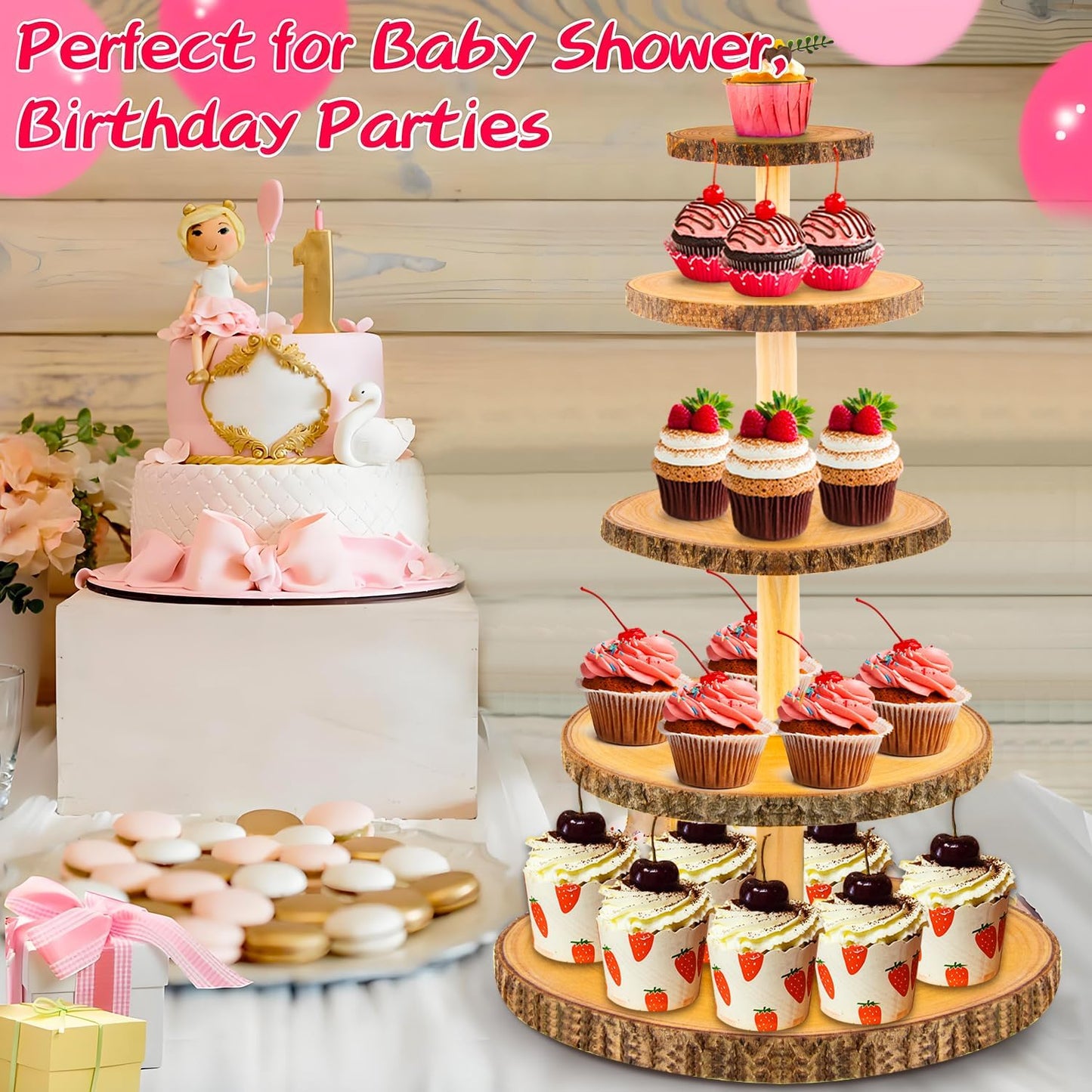 5-Tier Rustic Wooden Cupcake Stand - Large Capacity Display Stand for Woodland Baby Showers, Weddings, Birthdays, Parties, and Farmhouse Decor.