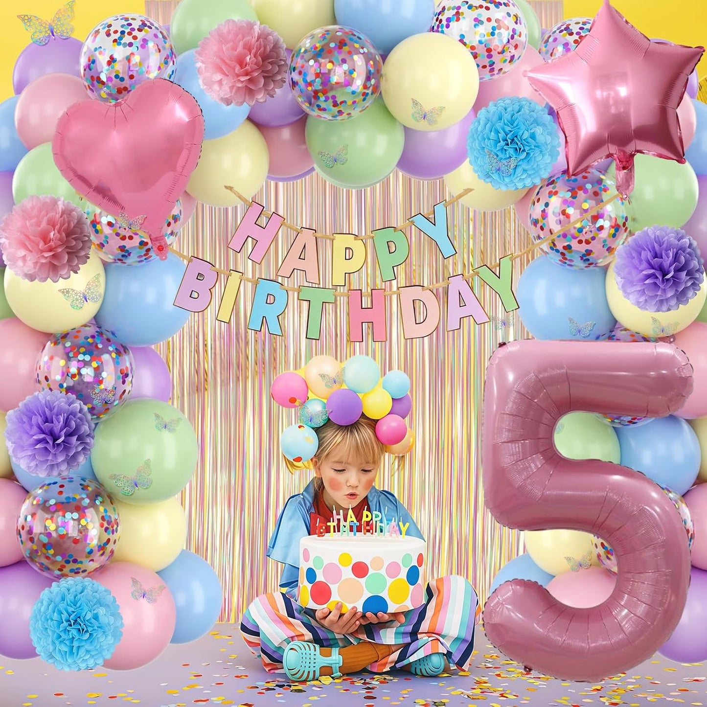 Pastel 5th Birthday Party Decorations for Girls Number 5 Balloon Happy Birthday Banner Butterfly Stickers Fringe Curtain Paper Pom Poms Macaron Pink Star Heart Foil Colorful Balloons 5 Year Old Decor