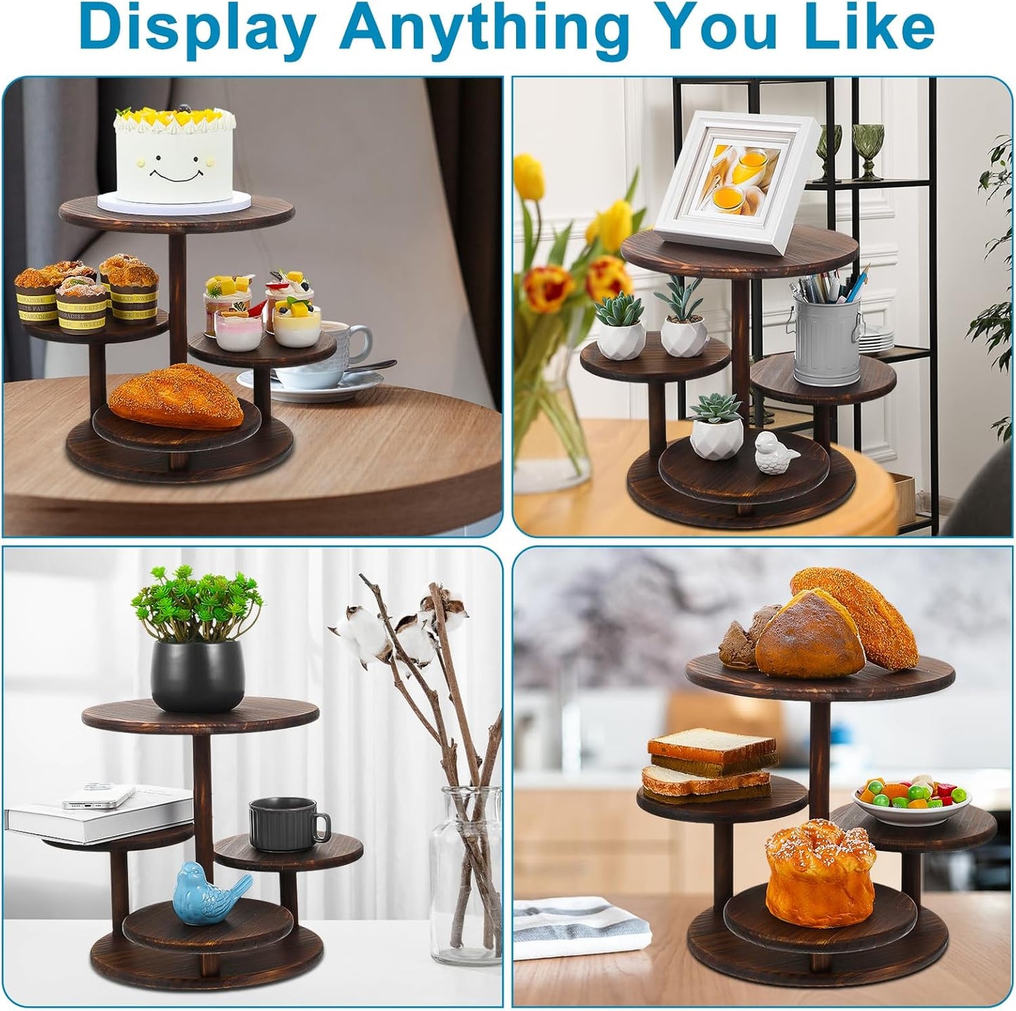 4 Tier Round Cupcake Tower Stand, Wooden Rotatable Cupcake Stand for 50 Cupcakes 360° Whirling Large Dessert Display Tiered Rustic Cake Tower for Wedding Birthday Graduation Baby Shower Tea Party