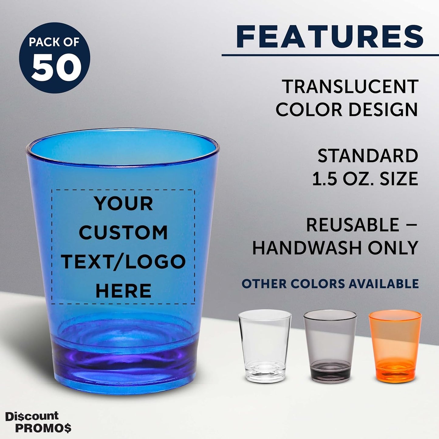 Custom Translucent Plastic Shot Glasses 1.5 oz. Set of 50, Personalized Bulk Pack - Acrylic, Great for Wedding, Party, Birthday, Gifts - Blue