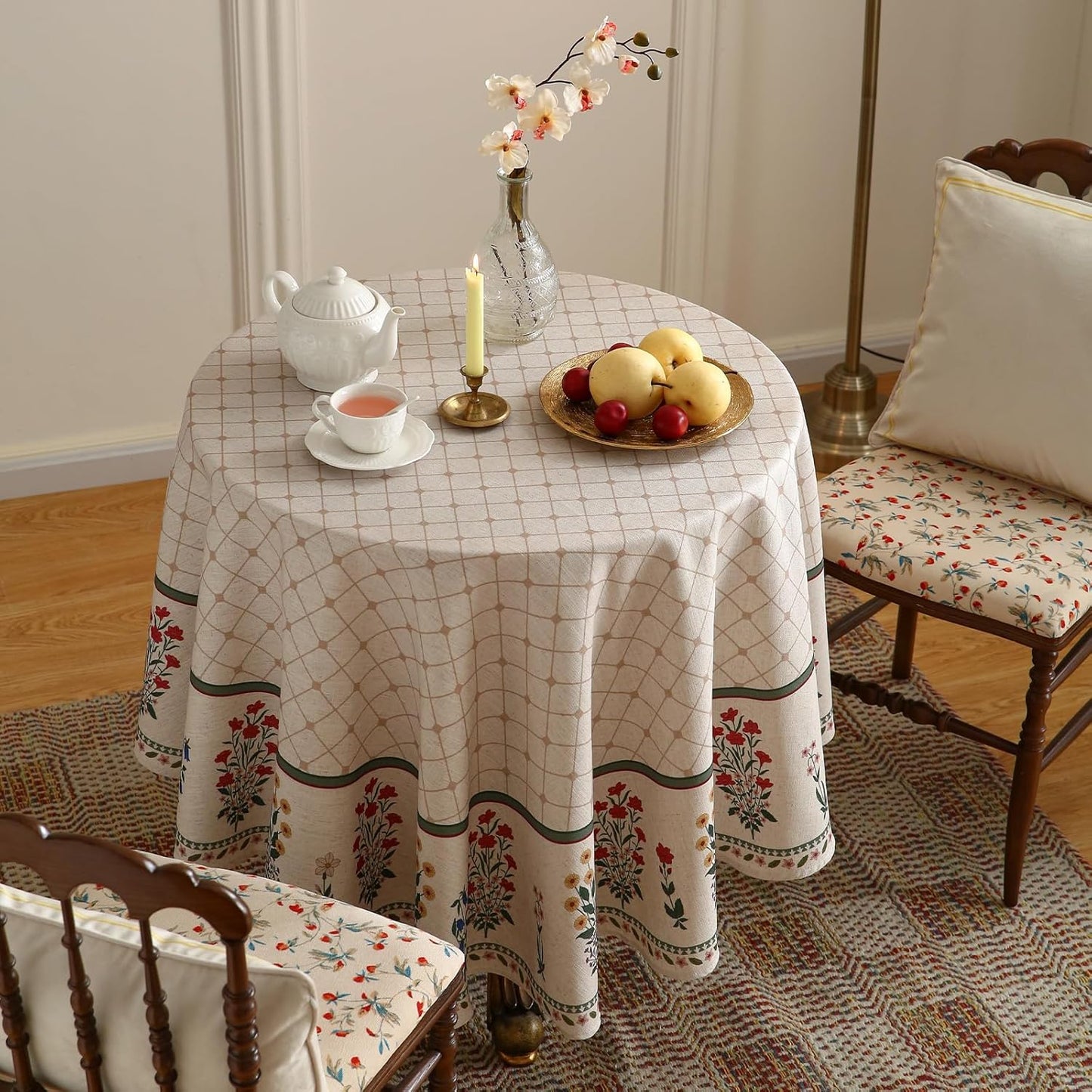 ISAENNE Designer Vintage Linen Floral Round Tablecloth,Fall Colorful Modern Table Cloth,Anti-Wrinkle Decor Tablecloths for Dining Thanksgiving Kitchen Christmas,Diameter 67"-Bertina E