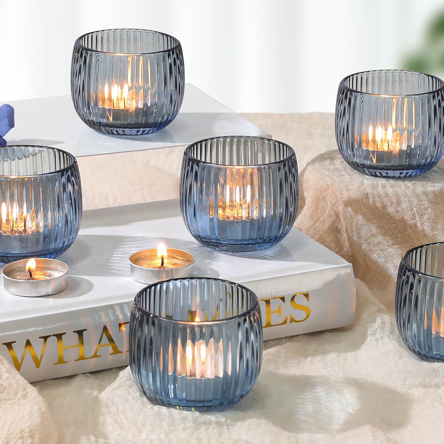 Set of 6 Ribbed Glass Votive Candle Holders, Blue Glass Tealight Holders for Taper Candles - Elegant Table Centerpieces for Weddings, Christmas, Parties, and Home Decor