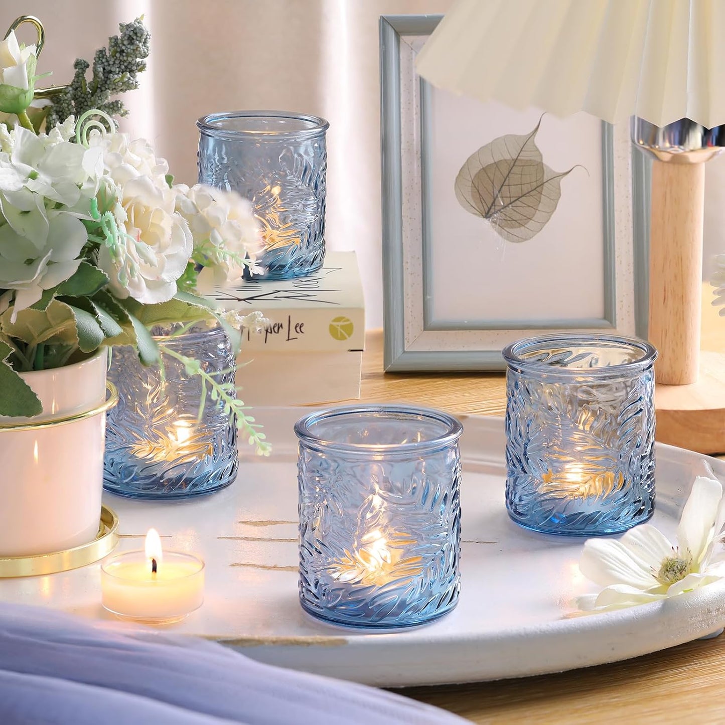24 pcs Blue Votive Candle Holders, Tea Light Candle Holder for Wedding Centerpieces, Glass Candle Holders for Baby Shower Home Bridal Decoration Table Decor