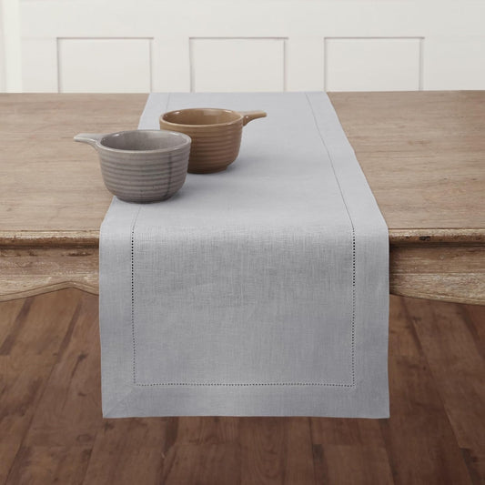 Solino Home Linen Soft Grey Table Runner 90 Inches Long - 100% Pure Linen Hemstitch 14 x 90 Inch Table Runner for Dining, Fall, Autumn, Thanksgiving, Christmas - Classic Hemstitch