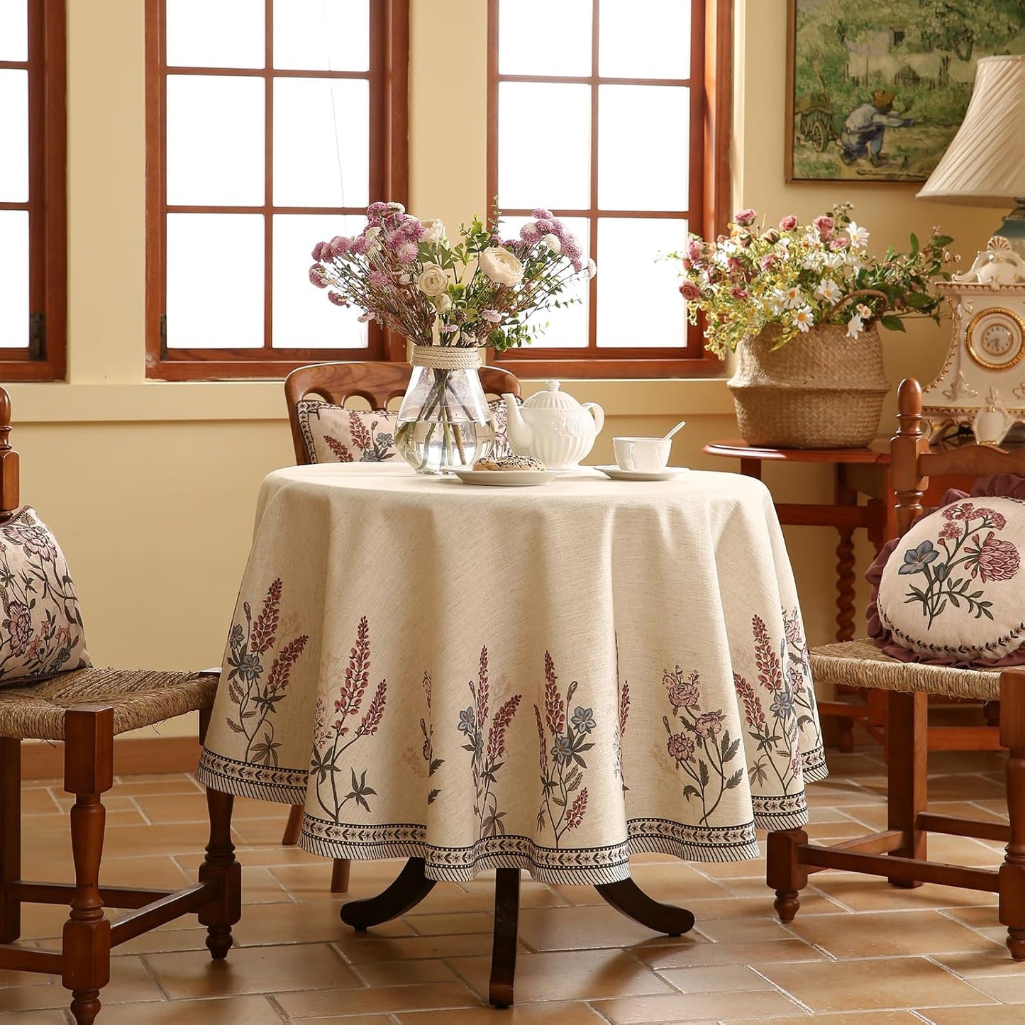 ISAENNE French Tablecloth for Round Tables,Linen Table Cloth with Colorful Flowers Pattern,Heavy Durable Table Cover for Dining Thanksgiving Kitchen Decor Party Christmas,Diameter 67"