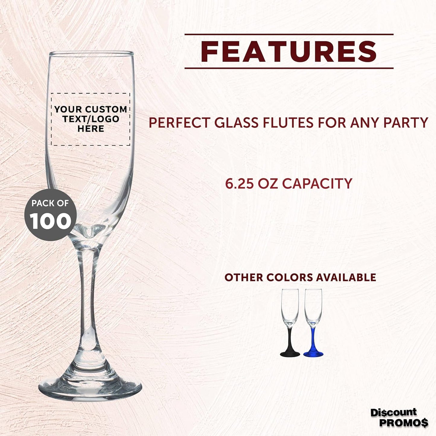 DISCOUNT PROMOS Custom Premiere Champagne Flutes 6.25 oz. Set of 100, Personalized Bulk Pack - Elegant Drinkware for Weddings, Events, & Promotional Gifts - Clear