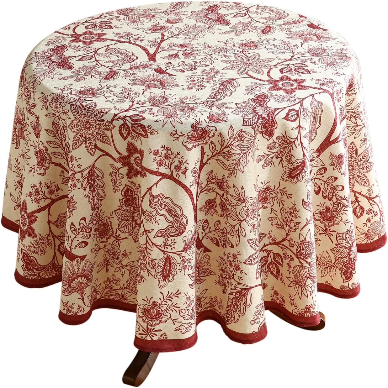 ISAENNE Designer French Linen Round Tablecloth,Red Floral Washable Indoor Table Cloth,Durable Home Decor Tablecloths for Dining Thanksgiving Kitchen Party Christmas,Diameter 67"-Ruyi A