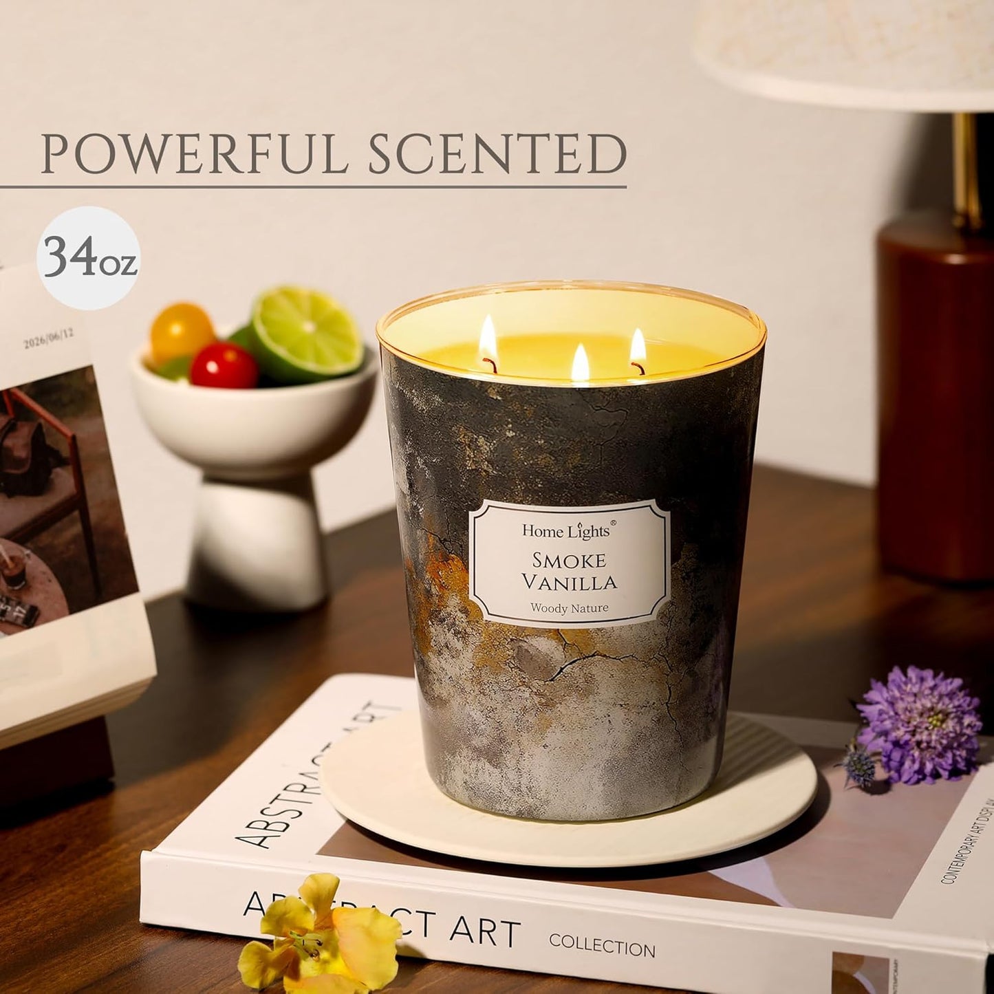 HomeLights Large jar Candle | 3-Wick Long-Lasting Scented Candles, 34oz Natural Soy Wax Candle for Home Scented, Industrial Chic Gifts for Women & Men, Smoke Vanilla